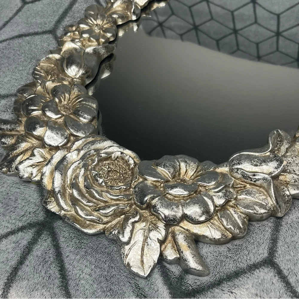 Vintage Look Ornate Silver Floral Oval Vanity Mirror